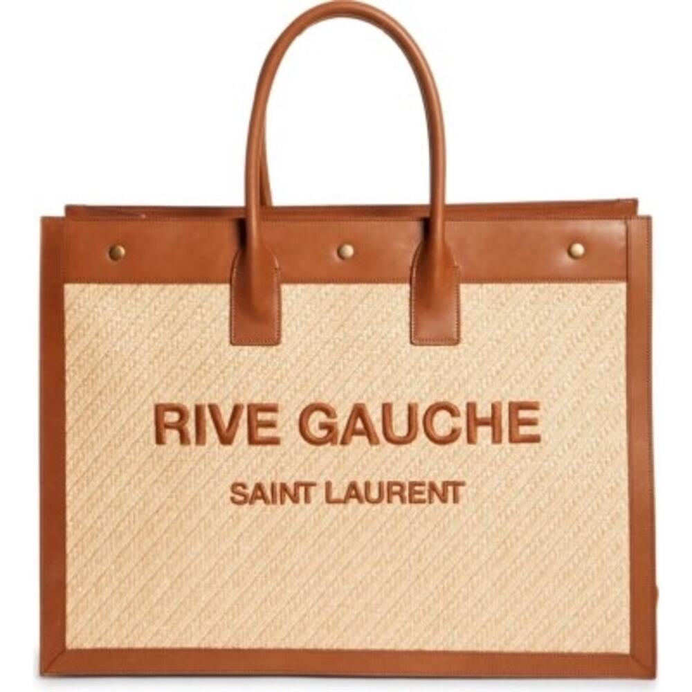 SAINT LAURENT ‘Rive Gauche’ Embroidered Raffia & Leather Tote Bag Natural NWT
